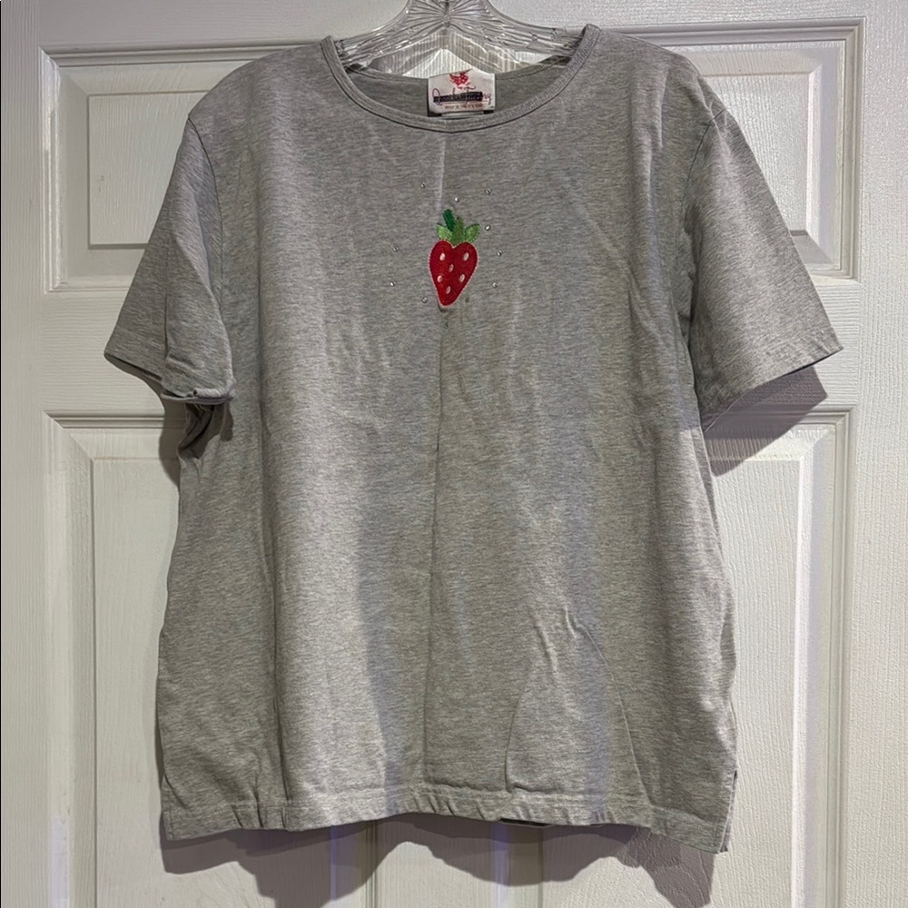 Quacker Factory Gray Short Sleeve Tee with Strawberry Accent